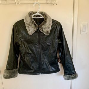 Vegan leather black jacket with faux fur trim